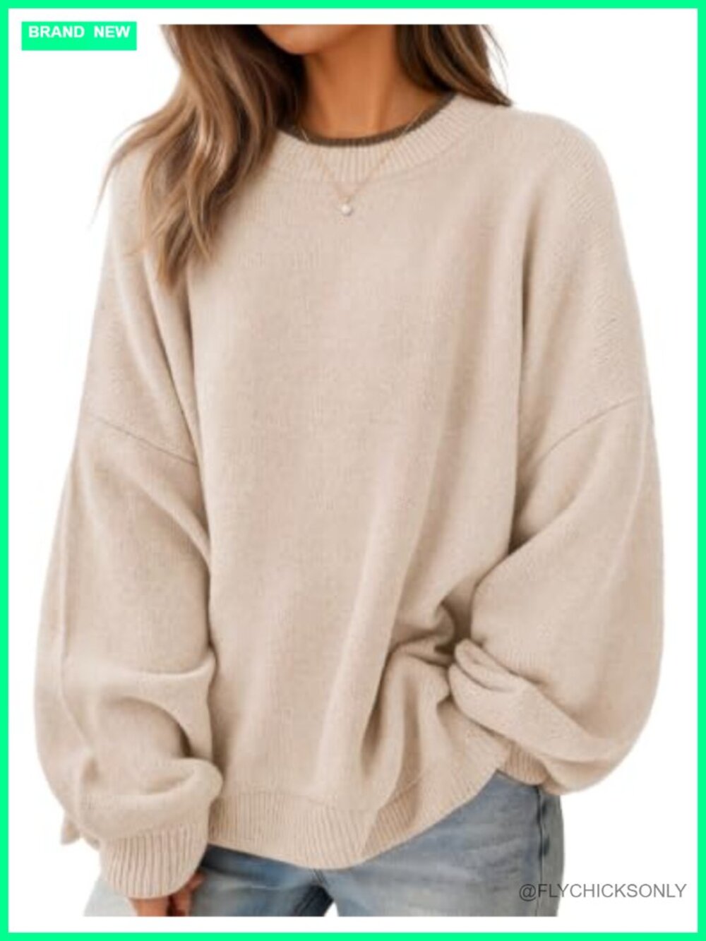 Oversized Crewneck Pullover Sweater Batwing Sleeve Drop Shoulder Knit